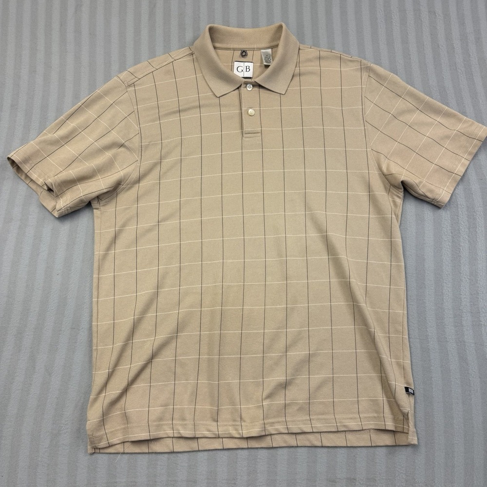 Geoffrey Beene Polo Shirt Men's Medium Brown Short Sleeve Thin Plaid Pattern